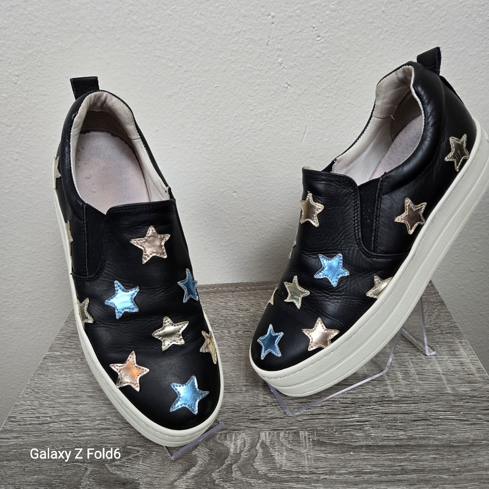 Made in Spain Leather Slip-On Sneakers Black Metallic Star Embellished 38